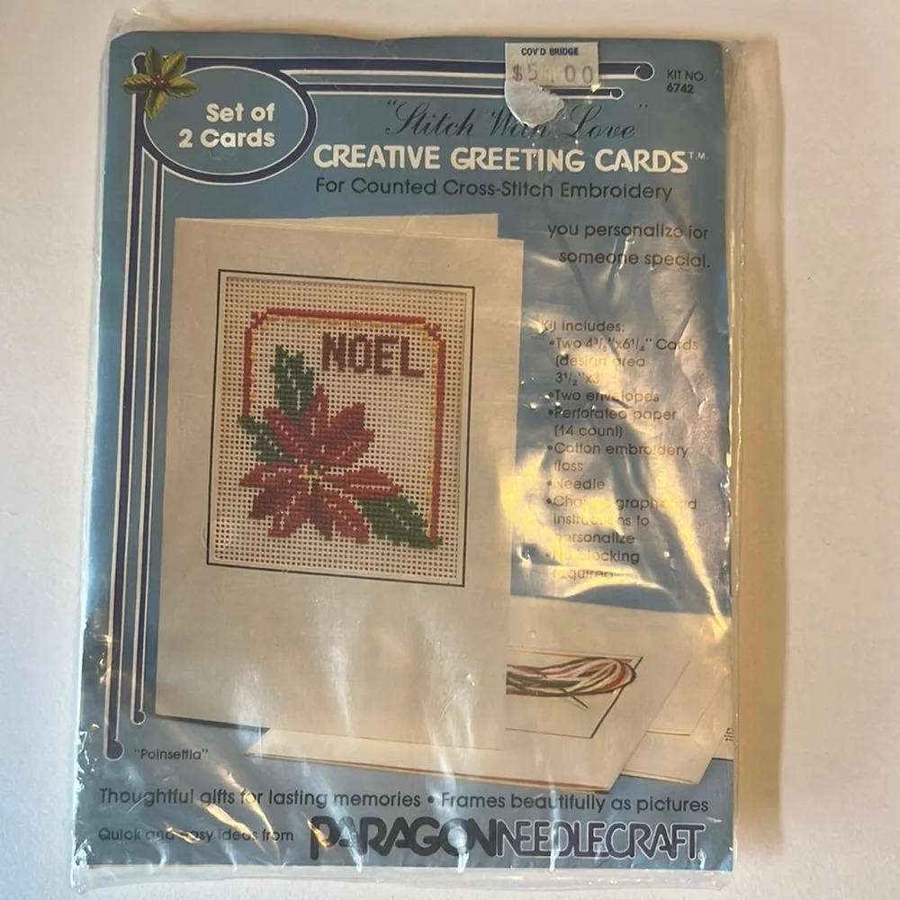 Vintage Paragon Needlecraft Greeting Card Kit Cross Stitch Christmas Poinsettia‎